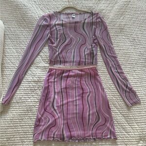 Pink and Purple Patterned Mesh Long Sleeve Top and Skirt Two Piece Set🩷💜